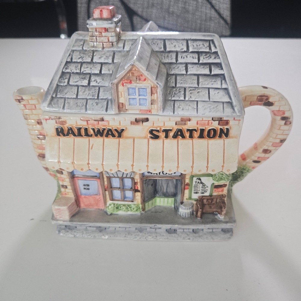 Vintage Annie Rowe Railway Station Novelty Teapot Cottagecore Decor Hand Painted